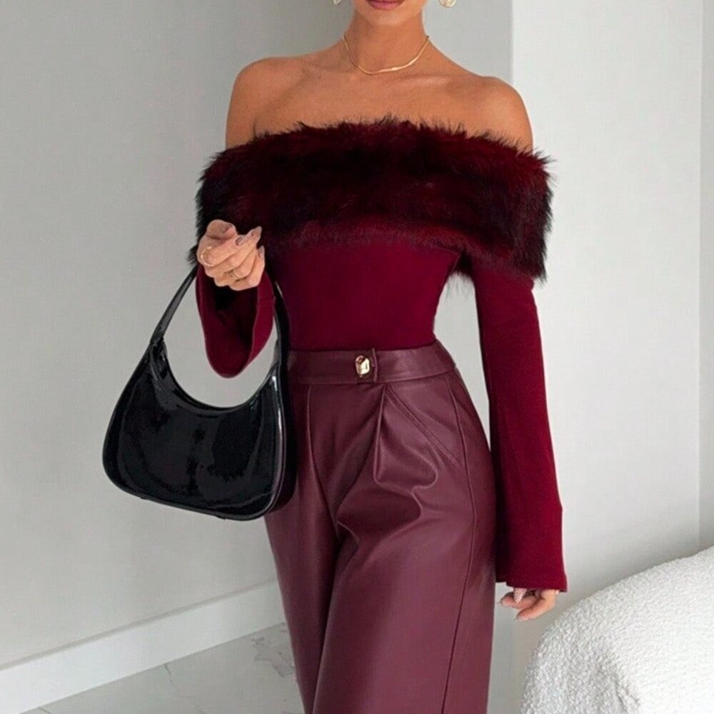Burgundy Elegant Women's Faux Fur Off Shoulder Top